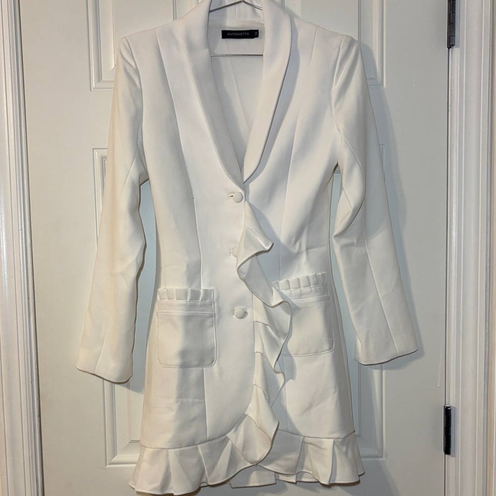 Atoir White Ruffle-Front Single-Button Blazer - image 1